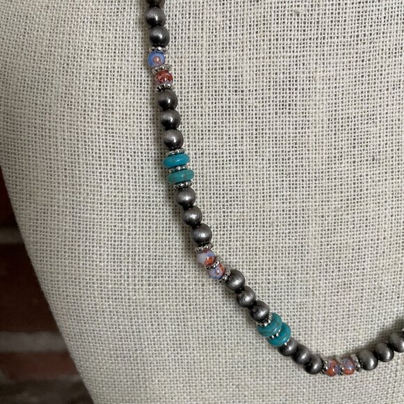 Navajo Style Pearl Necklace with Turquoise, Orange, & Purple - Picture 2 of 3